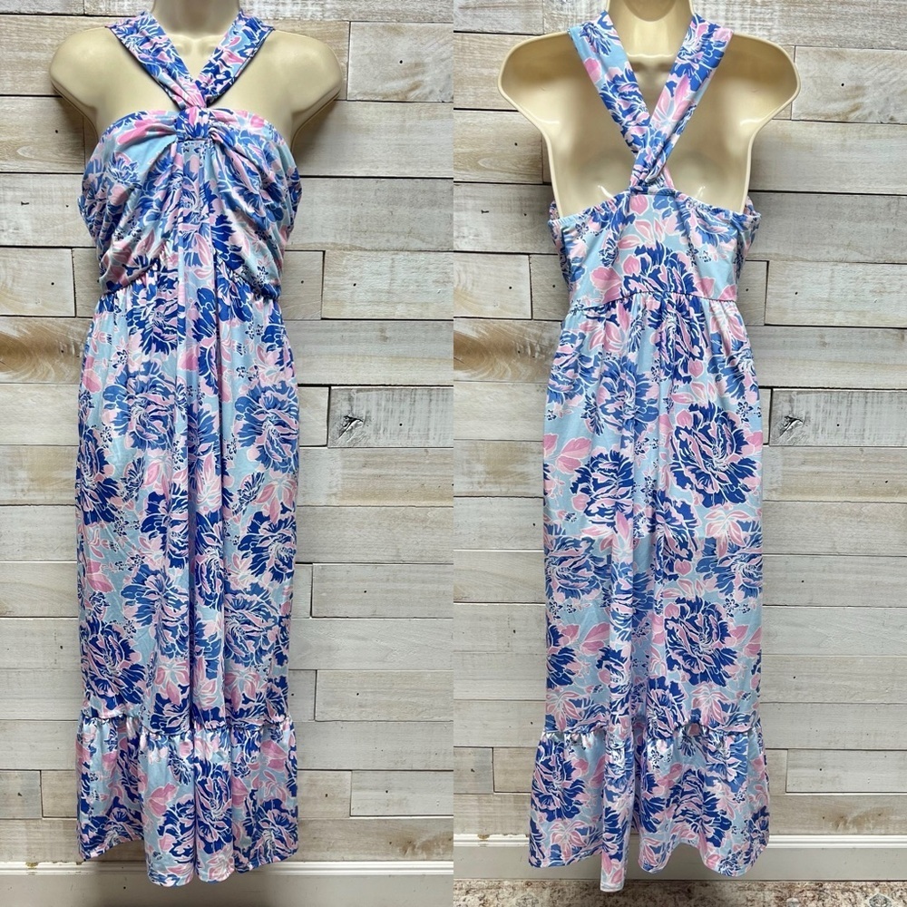 Grace Karin Maxi Dress Womens Medium Blue Floral Halter Pockets Stretch
